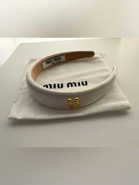 Miu Miu White Headband with Gold Logo Detail